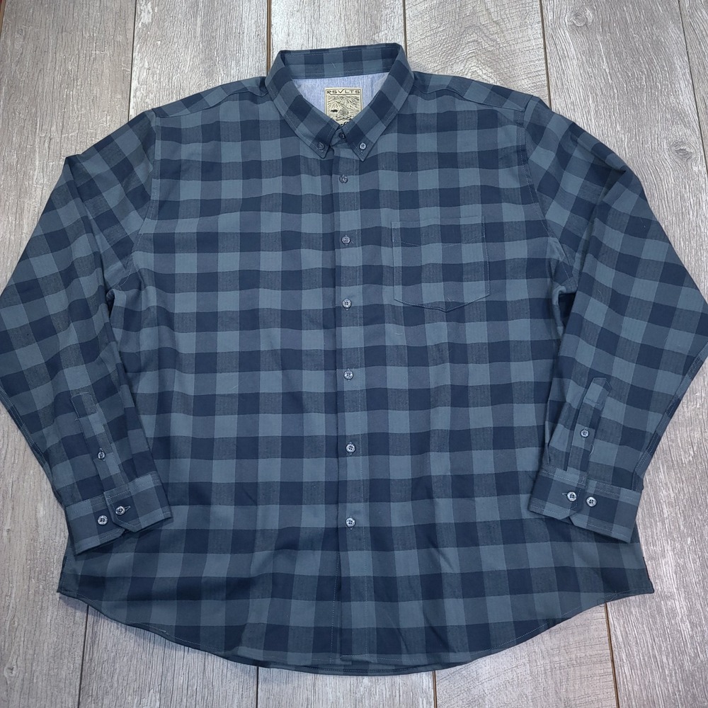 RSVLTS Borland Flannel Mens 3XL Blue Grey Buffalo Check Flex Button Down Shirt